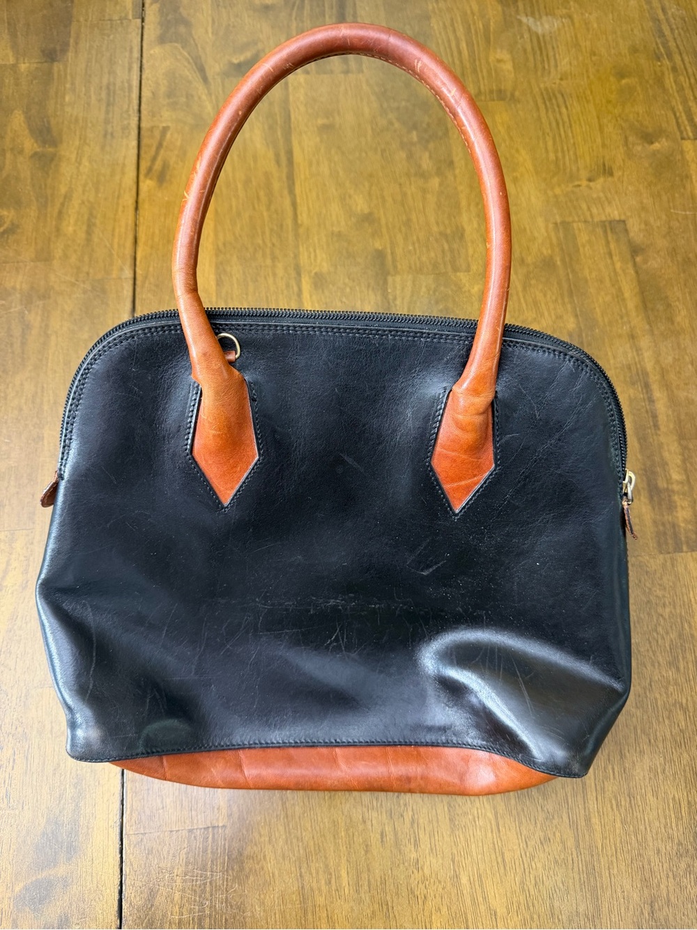 Vintage Delmar Italian Leather Handbag Black Cognac Made in Italy